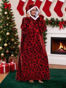 1 set Bata con capucha de felpa de estampado de leopardo en talla grande unisex - Térmica e aislada para días fríos de 0-15°C, con comodidad ligera como una nube, tela suave sin desprendimiento ni pelusas, puños a prueba de viento, cinturón ajustable y bolsillos profundos, lavable a máquina y de secado rápido, para fines de semana relajados, comodidad después de la ducha, citas en casa, noches de TV, salidas de compras y paseos, conjunto de ropa de estar en casa con estilo y cálido para hombres y mujeres