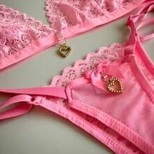 Conjunto Sexy Backless Detalhe Pingente Tanga Fio Dental - Rosa chiclete - Visão 5