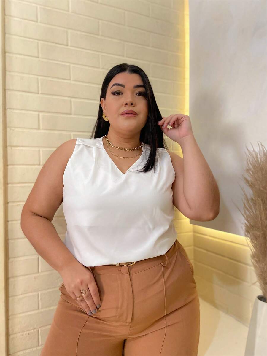 RAINBOW Plain Tank Top Sleeveless Blouse Plain Creppinho With 4 Buttons Plus Size G1G2G3 46-52 Casual Women - 62-BRANCO - 查看 1