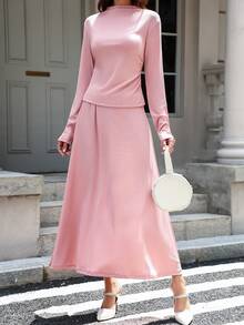 Women's Solid Color Turtleneck & Maxi Skirt Set 2025 Fall Winter Monochromatic Dress Suits For Work, Date Night, Banquet Gift For Her/Girlfriend/BFF - Hồng - Xem 4
