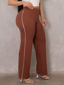 Women's Ribbed Pants With Side Detail, White Cotton And Elastane, Comfortable Casual, Women's Fashion - 鏽棕色 - 查看 1