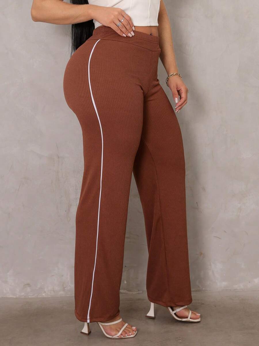 Women's Ribbed Pants With Side Detail, White Cotton And Elastane, Comfortable Casual, Women's Fashion - 鏽棕色 - 查看 1