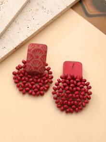 一对手工制作的简约木串珠雕刻几何耳环，酒红色，适合度假、派对和日常佩戴 - 酒紅色 - 查看 6