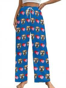 Personalized Face & Red Heart Design Soft Washable Loungewear, Anniversary & Valentine's Day Gift, Casual Suit, Funny Pattern, Comfortable Fit, Customizable Photo & Bulldog Face & Heart Pattern Pajama Set (Unisex) S-2XL