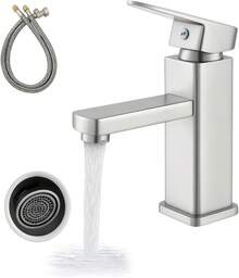 Yostyle Llaves para Lavabo Baño,Monomando para Lavabo de Acero Inoxidable,Mezcladora para Lavabo Caliente y Fría Ajustable Grifo,Grifos de Baño de un Orificio con 2 Mangueras(Negro Rectangular) - Plateado - Ver 3