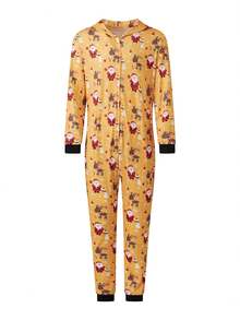 Family Matching Christmas Jumpsuits Pajamas Letter/Santa/Tree/Print Hooded Long Sleeve Playsuits Autumn Zipper Long Rompers - Yellow Dad - View 6
