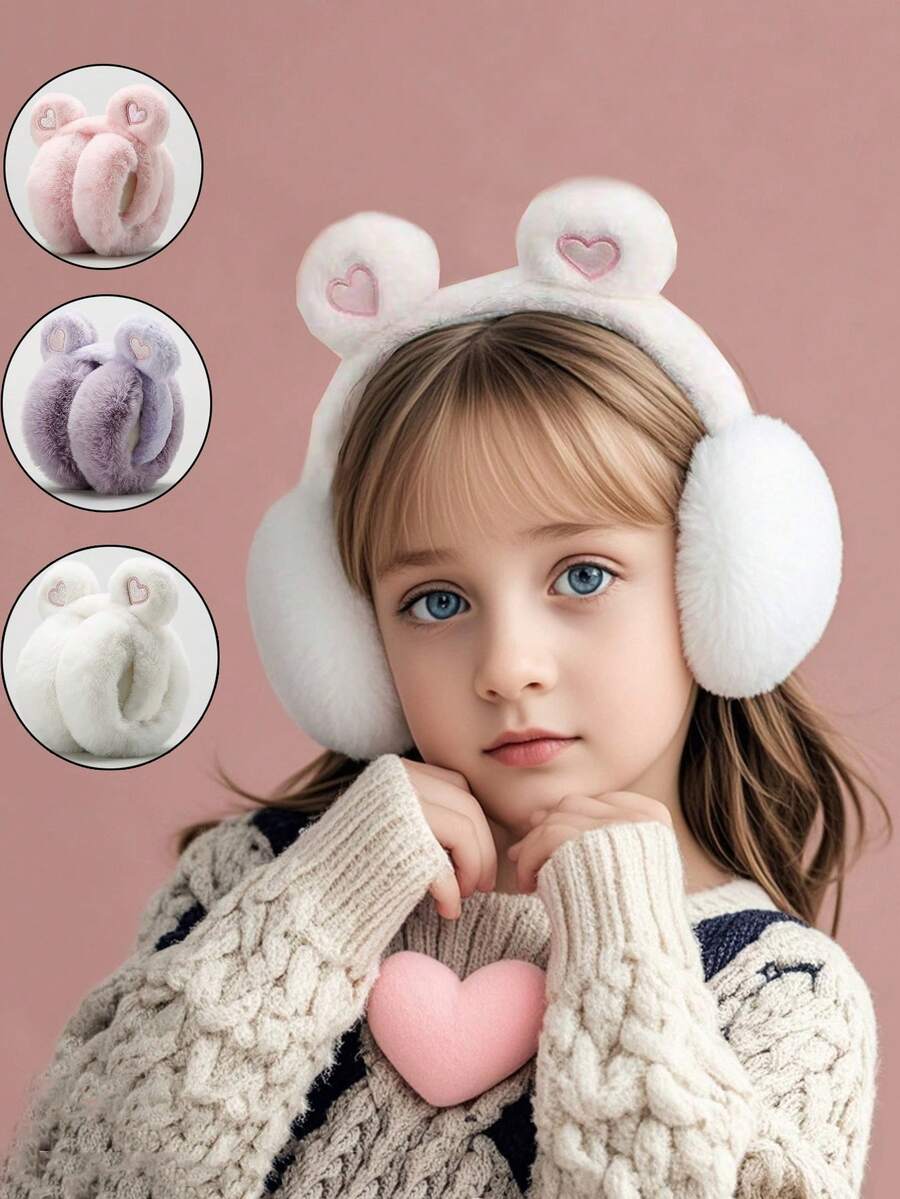 可折叠爱心耳罩 - 冬季保暖防冻学生可爱耳罩 - 儿童七星级保暖耳套，上学必备 - 彩色 - 查看 1
