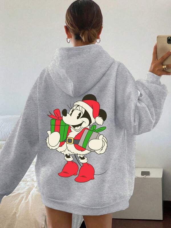 Women's Loungewear Hooded Sweatshirt, Retro And Casual, With Minnie Mouse And Christmas Gift Prints, Perfect For Lounging At Home. Features Drawstring And Pockets, Suitable For Fall And Winter Wear.