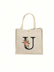 1 Stück Leinen Blumen Buchstaben Handtasche, einfache Handtasche mit großer Kapazität, tragbare lässige Aufbewahrungstasche, multifunktionale Einkaufstasche, personalisiertes Geschenktasche, geeignet für Hochzeiten, Geburtstage, Strände, Festivals, perfekte Geschenke für Frauen, Lehrer, Freunde, Brautjungfern, große Taschen, Studenten und Schulanfang, beste Lehrergeschenke für den Lehrertag, beste Geschenke zur Wertschätzung von Lehrern
