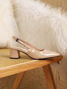女士杏色尖头松紧带粗跟高跟鞋，优雅尖头正式高跟鞋，时尚露跟高跟鞋 - 杏色 - 查看 4