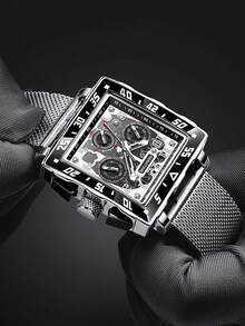 GUANQIN 1 buc ceas luminos impermeabil pentru bărbați, cu calendar cronograf, cadran pătrat multifuncțional, curea din oțel inoxidabil rezistentă la uzură, curea din plasă Milan, modă business, lux sportiv, clasic, simplu, casual, stil mecanic, ceas cu cuarț automat pentru bărbați, potrivit pentru Ziua Îndrăgostiților, festivaluri, întâlniri, afaceri, cadouri