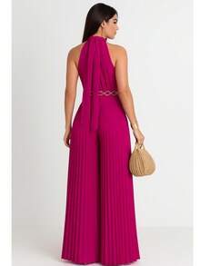 Pleated Jumpsuit Perfect For Parties And Weddings - Rose Red - View 2
