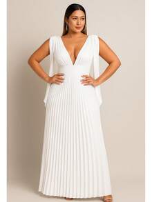 Long Pleated Dress V-Neckline Bridesmaid Dress For Wedding Graduation And Parties - White - View 2