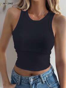 Top corto halter femenino cuello redondo textura acanalada ajuste elástico sin mangas juvenil fresco - Negro - Ver 5