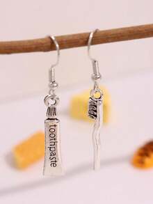 1 Pair Unique Funny Fashionable Asymmetric Toothbrush & Toothpaste Design Alloy Earrings For Women, Versatile Accessory For Holidays, Parties, Casual Wear