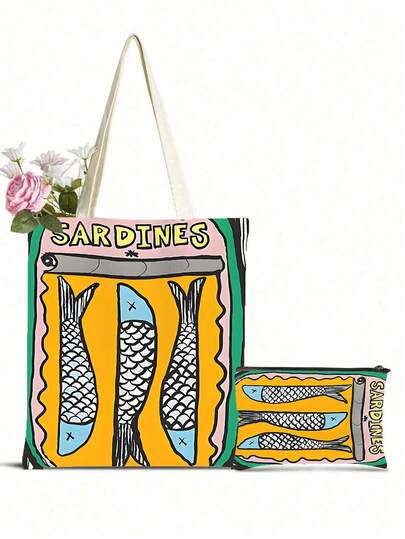 1件套可重复使用手提袋、手提包和化妆包套装 - 色彩缤纷的简约粉绿条纹沙丁鱼罐头印花涤纶购物袋，固定肩带设计，适合沙滩、野餐、购物和食品收纳，可折叠手提袋，多功能，用途广泛，容量大