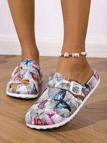 Nuove pantofole da donna con punta chiusa, elegante stampa farfalla nera e grigia, tacco a zeppa con suola morbida, confortevoli per uso quotidiano, esterno, viaggio, giardino, spiaggia, design con doppia fibbia - Grigio - Visualizzare 2