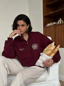 Sudadera holgada con cuello y cremallera para mujer, de manga larga y efecto estilizante, para otoño e invierno