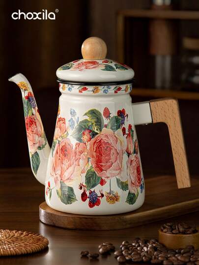 1pc玫瑰珐琅茶壶水壶大容量茶壶燃气电磁炉通用桌面摆件搪瓷茶壶