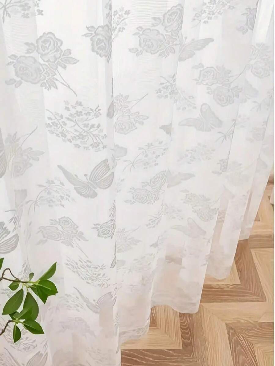1pc Elegant French Romantic Butterfly & Floral Embroidered Sheer Curtain - Lightweight Polyester, Rod Pocket Top Design For Easy Installation, Suitable For Living Room, Bedroom, Glass Window Curtain, Decorative Curtain