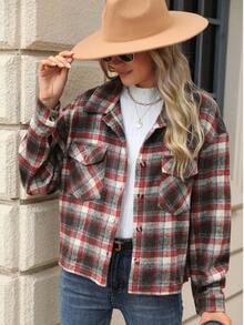 Autumn And Winter Women's Long Sleeved Loose Pocket Plaid Jacket
