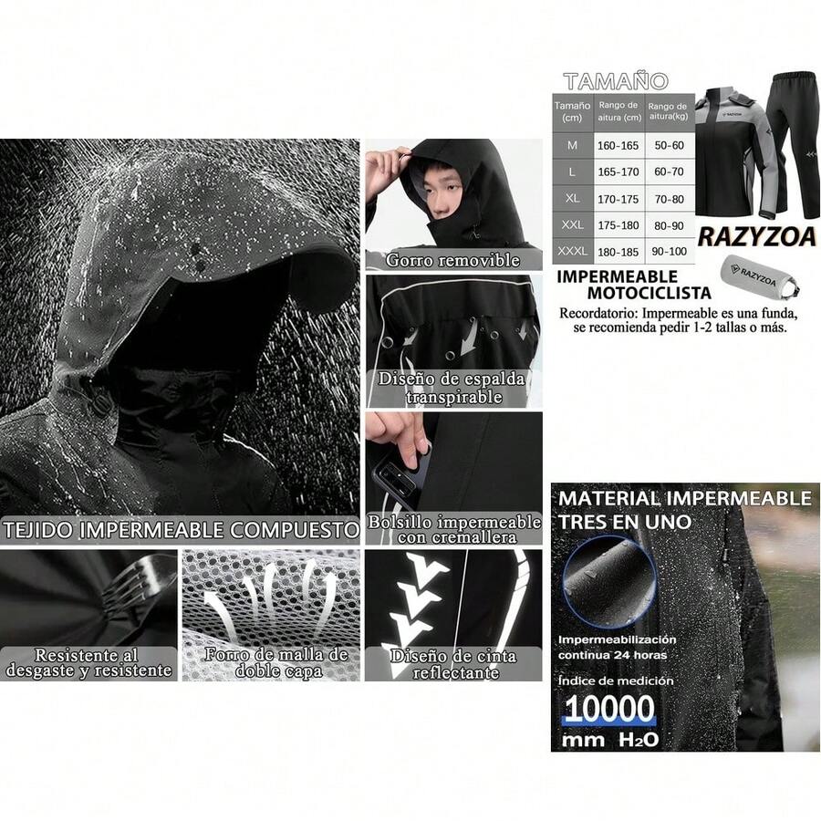 Traje Impermeable y Resistente al Viento para Motociclista Hombre - 60% Algodón, 40% Poliéster con Capucha y Cubrezapatos - Multicolor - Ver 1