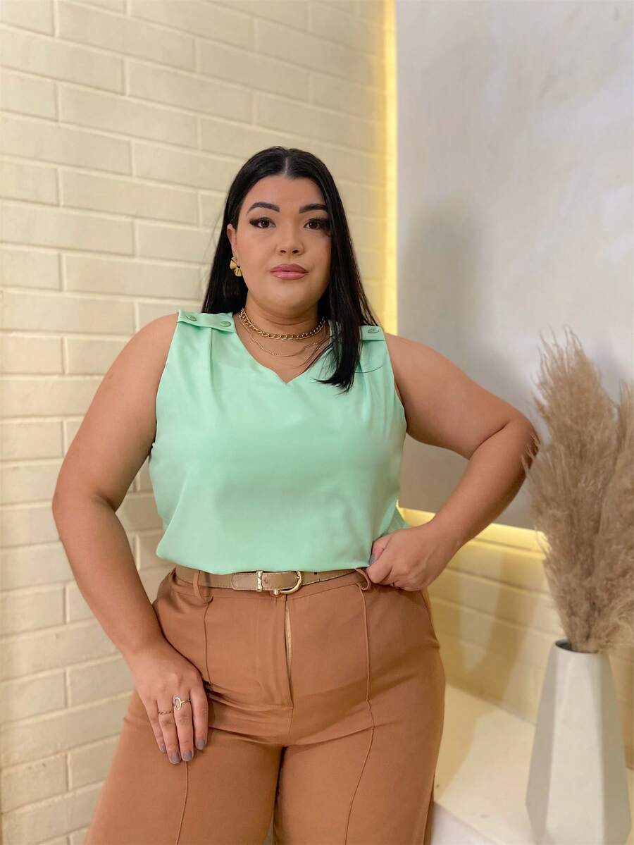 RAINBOW Plain Tank Top Sleeveless Blouse Plain Creppinho With 4 Buttons Plus Size G1G2G3 46-52 Casual Women - 62-VERDE LIMAO - 查看 1