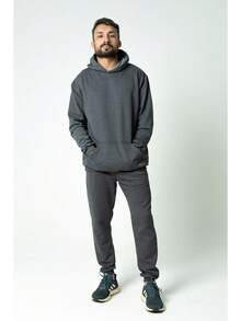 Kit Set Sweatshirt Kangaroo Hood Pocket Jogger Pants Watch Unisex Lead - 深灰色 - 查看 7