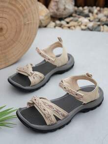 Women's Casual Sandals, Soft & Comfortable Soles, Simple & Stylish Double Strap Design With Adjustable Hook & Loop Closure, Suitable For Commuting, Walking, Leisure Outings. Geometric Bohemian Weave Pattern, Flat Sandals For Summer Beach