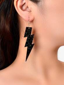 1 Pair Retro Shiny Black Acrylic Lightning Bolt Pendant Earrings, Suitable For Women To Wear To Parties And Daily - Black - View 2