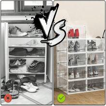 24 Pieces Of Thickened Transparent Covered Shoe Boxes, Foldable And Stackable Shoe Racks, Space-Saving Storage Boxes, Freely Combinable Plastic Sports Shoes Storage Boxes, Suitable For The Entrance Hall, Bedroom And Home - 24格*黑色 - 查看 3