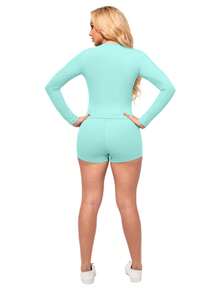 Women's Long-Sleeved Shorts Sports Suit - Skin-Friendly, Breathable, High-Elasticity And Slim Fit, Moisture-Wicking And Quick-Drying Without Being Stuffy, Available In Multiple Colors, Comfortable To Stretch During Yoga, Light And Windy When Running, Neat And Stylish When Working Out, And Comfortable And Casual At Home - màu xanh da trời - Xem 3