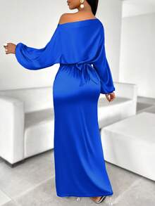 AIJ Đầm dự tiệc ôm sát cơ thể, màu trơn thanh lịch, lệch vai, thắt nút xoắn phía trước, xẻ tà cao của Amarilo dành cho nữ. - Xanh đậm - Xem 2