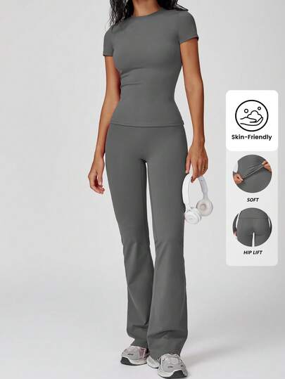 Yefecy 2/4 Counts Women's Solid Round Neck Tee &High Waist Pants Tracksuit Set, Sporty Comfy T-Shirt & Skinny Pants For Yoga Gym Workout,Ladies Summer Back To School Sportswear,Women's Tracksuits, Downtown Girl Outfit The Four Seasons Style