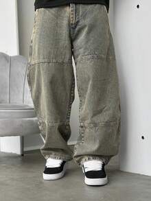 Calça Jeans Masculina Reta Solta Desgastada com Remendos, Calça Jeans Casual Vintage Lavada Estilo Rua Y2K, Todas as Estações - Marrom - Visão 2