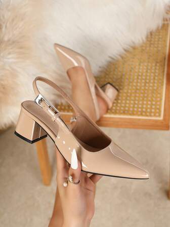 Tacones de plataforma con punta afilada y banda elástica en color albaricoque para mujer, tacones altos formales elegantes de punta afilada, tacones altos de moda tipo slingback