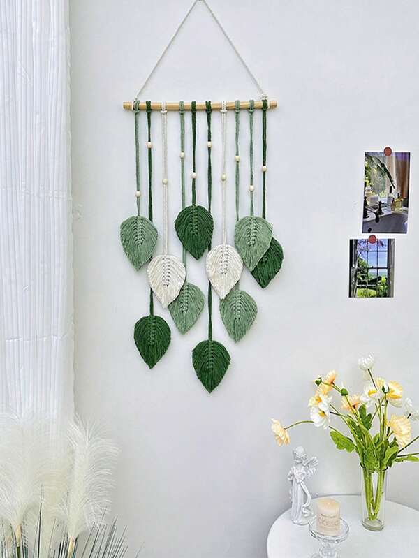 1pc Handmade Woven Cotton Rope Leaf Wall Hanging, Boho Style Home Decor Wall Art