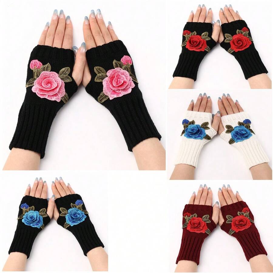 قفازات بدون أصابع أنيقة ذات طبعات زهرية، أغطية ذراع مصنوعة من الأكريليك الجديدة للنساء، قفازات نصف الأصابع دافئة للخريف/الشتاء
