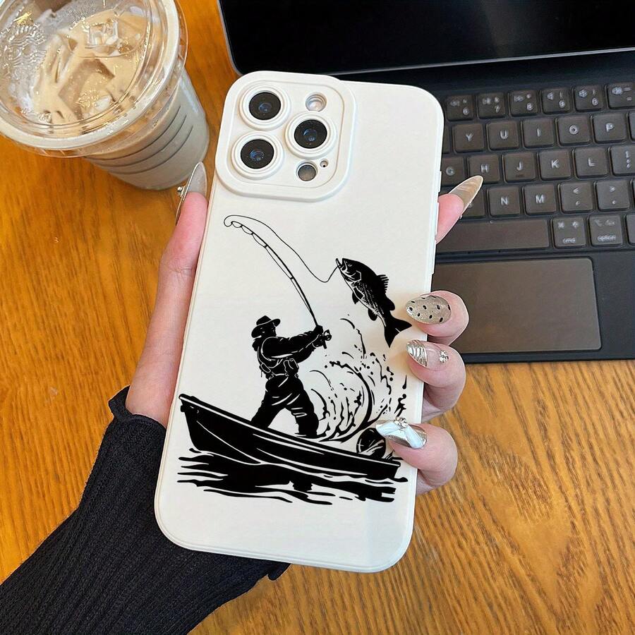 Angel Eye High-end Mobile Phone Case with Fishing Silhouette Pattern UV Printing, 360-degree All-round Protection for iPhone 11 12 13 14 15 16 Pro Max XR X/XS 7 8 Plus SE Mini Smartphone Best Gift Birthday Present for Boys and Girls - Antikweiß - Übersicht 1
