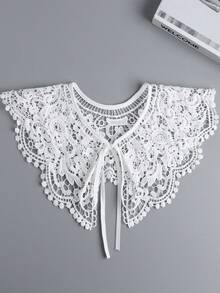 1 pieza Cuello con inserto de encaje floral elegante francés de estilo multicapa, decorado con botones de perlas huecas, adecuado para uso diario, citas y estilo callejero, para primavera/otoño - Multicolor - Ver 10