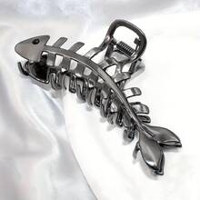 Single Black Fishbone Metal Hair Clip - Large Non-Slip Bohemian Style With Fine Hollow Design, Suitable For Women's Updos, Graduation Hairstyles, And Formal Occasions, Durable Hair Accessory - 黑色 - 查看 3