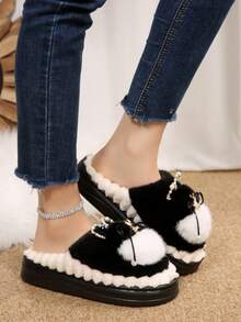 Pantuflas con plataforma de orejas de conejo de peluche y perlas falsas, elegantes y cálidas para el invierno, pantuflas adorables para interiores/exteriores para niñas