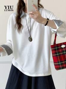 白色休閒女款落肩 Polo 衫，格紋領口與袖口，舒適針織面料 - 白色 - 查看 1