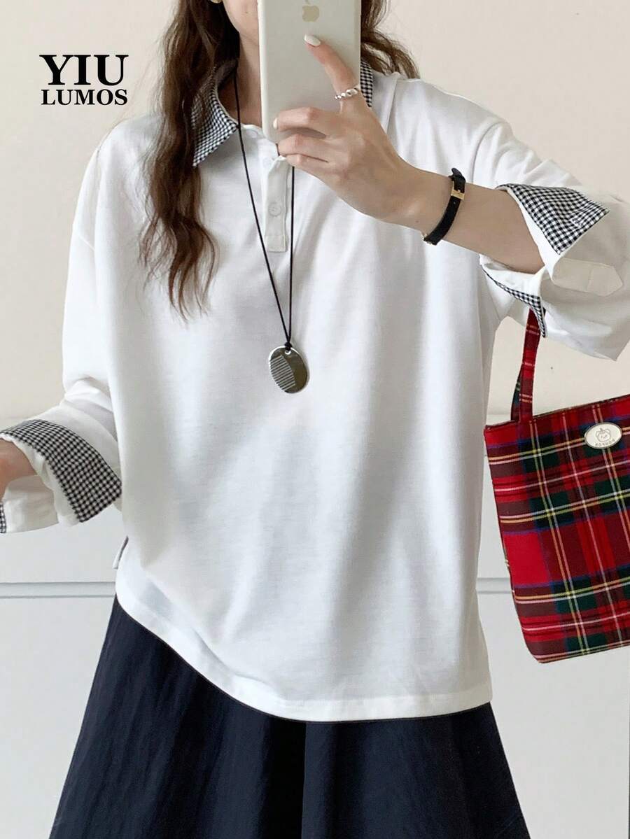 白色休閒女款落肩 Polo 衫,格紋領口與袖口,舒適針織面料 - 白色 - 查看 1