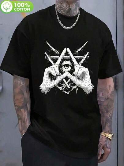 Camiseta Negra para Hombres y Mujeres - Gráfico de Ojo Místico de la Providencia y Gestos de la Mano de Pentagrama - Tela Suave y Transpirable para Gimnasio, Conciertos, Halloween - Simbolismo Oculto Gótico Ropa Casual de Calle - Conjunto a Juego para Parejas, Atuendo de Concierto, Camiseta de Cuello Redondo, Ajuste Cómodo, Conjunto de Gimnasio, Estética Oscura, Material Duradero, Top Unisex, Moda Alternativa
