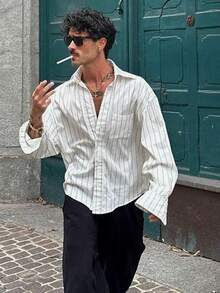 男士条纹长袖衬衫，时尚休闲风格，适合春秋季 - 黑與白 - 查看 1