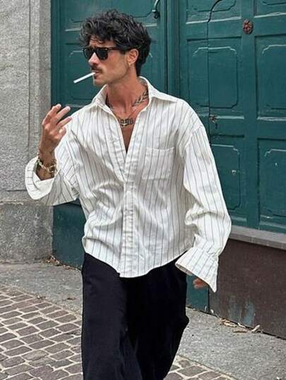 Men's Striped Long Sleeve Shirt, Fashionable Casual Style Suitable For Spring And Autumn