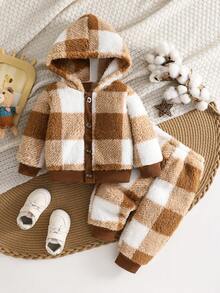 2pcs Baby Boy Casual Plaid Fleece Hooded Jacket And Simple Fashion Pants Set, Suitable For Autumn/Winter Holidays And Daily Wear - Multicolor - View 1