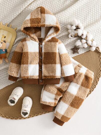 2pcs Baby Boy Casual Plaid Fleece Hooded Jacket And Simple Fashion Pants Set, Suitable For Autumn/Winter Holidays And Daily Wear