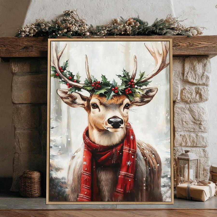 1 buc, Artă murală pe pânză, Decorațiune de perete cu ramă de Crăciun, Artă vintage de Crăciun cu reni, Reni de pădure și zăpadă de iarnă, Decorațiuni de Crăciun, Artă decorativă rustică de Crăciun, Artă pictură în ulei vintage, Postere artistice cu tematică de sărbători, Decor de perete minimalist
